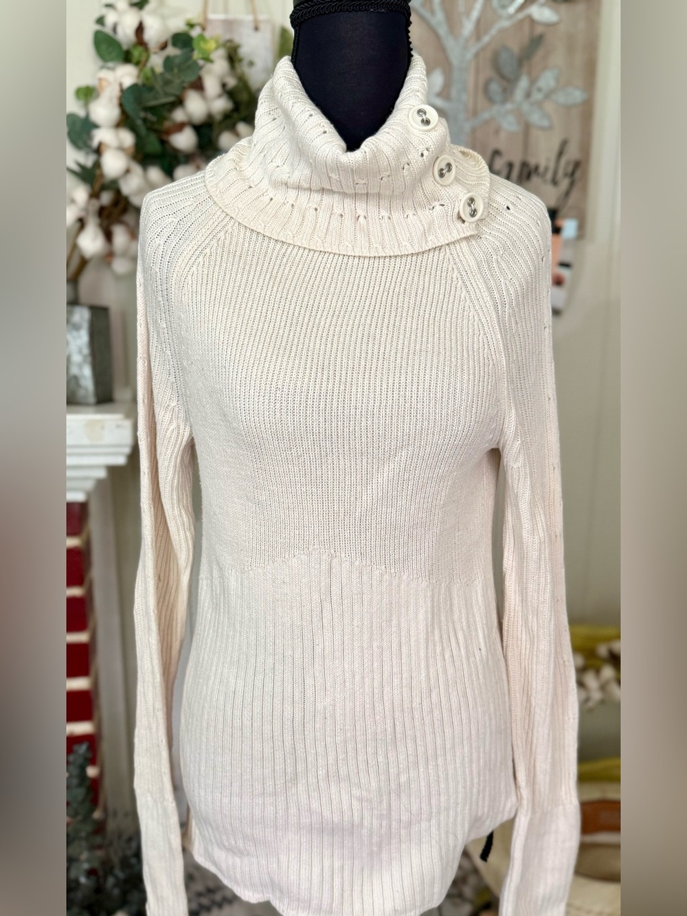 DKNYC Cream Button-Shoulder Cable Trim Turtleneck Sweater